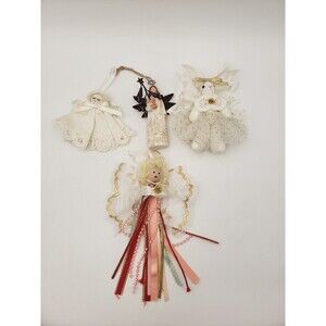 Lot Of 4 Angel Ornaments Christmas Ornaments Fabric & Resin Bunny Rabbit Sweet